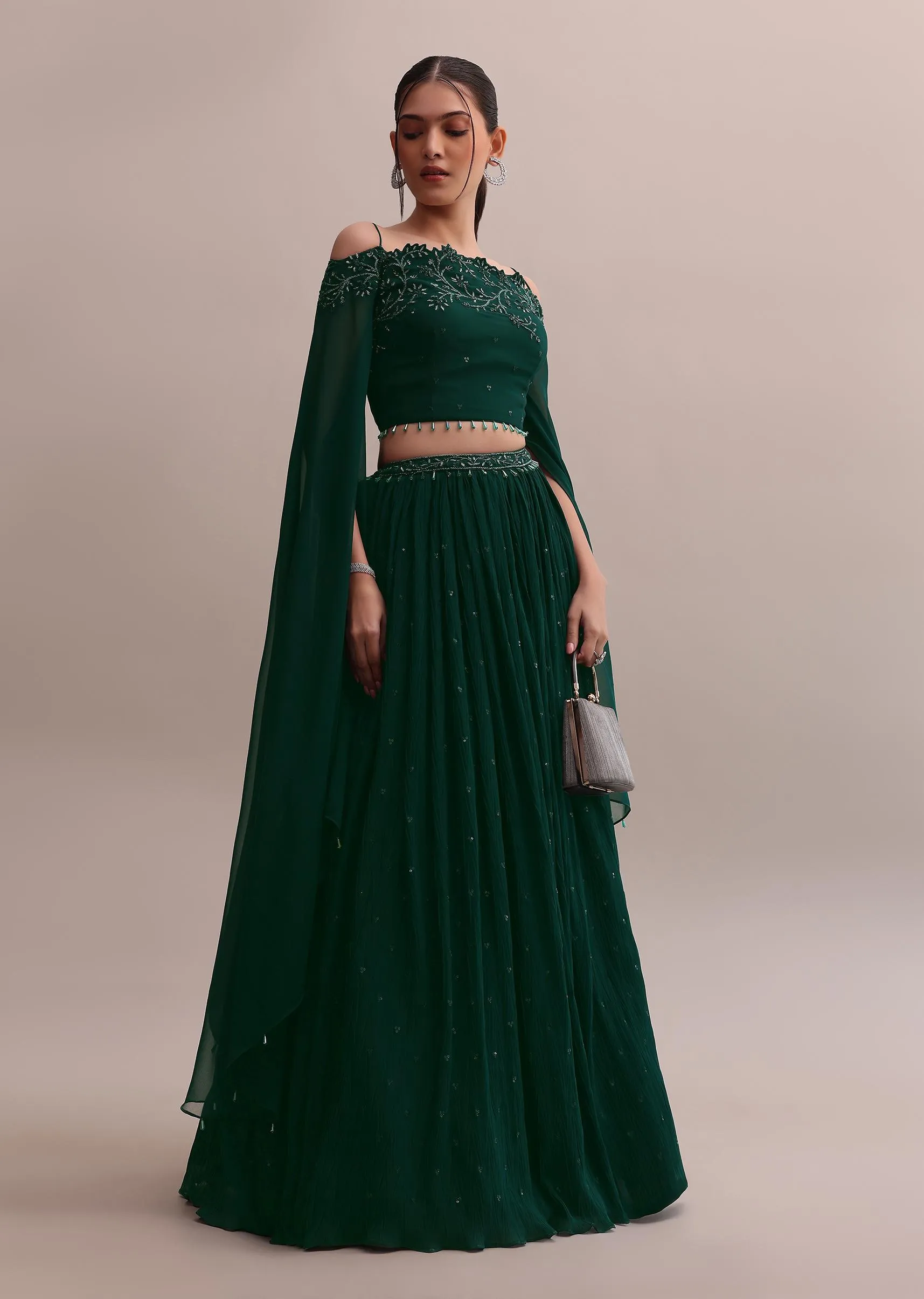 Majestic Dark Green Georgette Embroidered Off-Shoulder Crop Top Lehenga Set