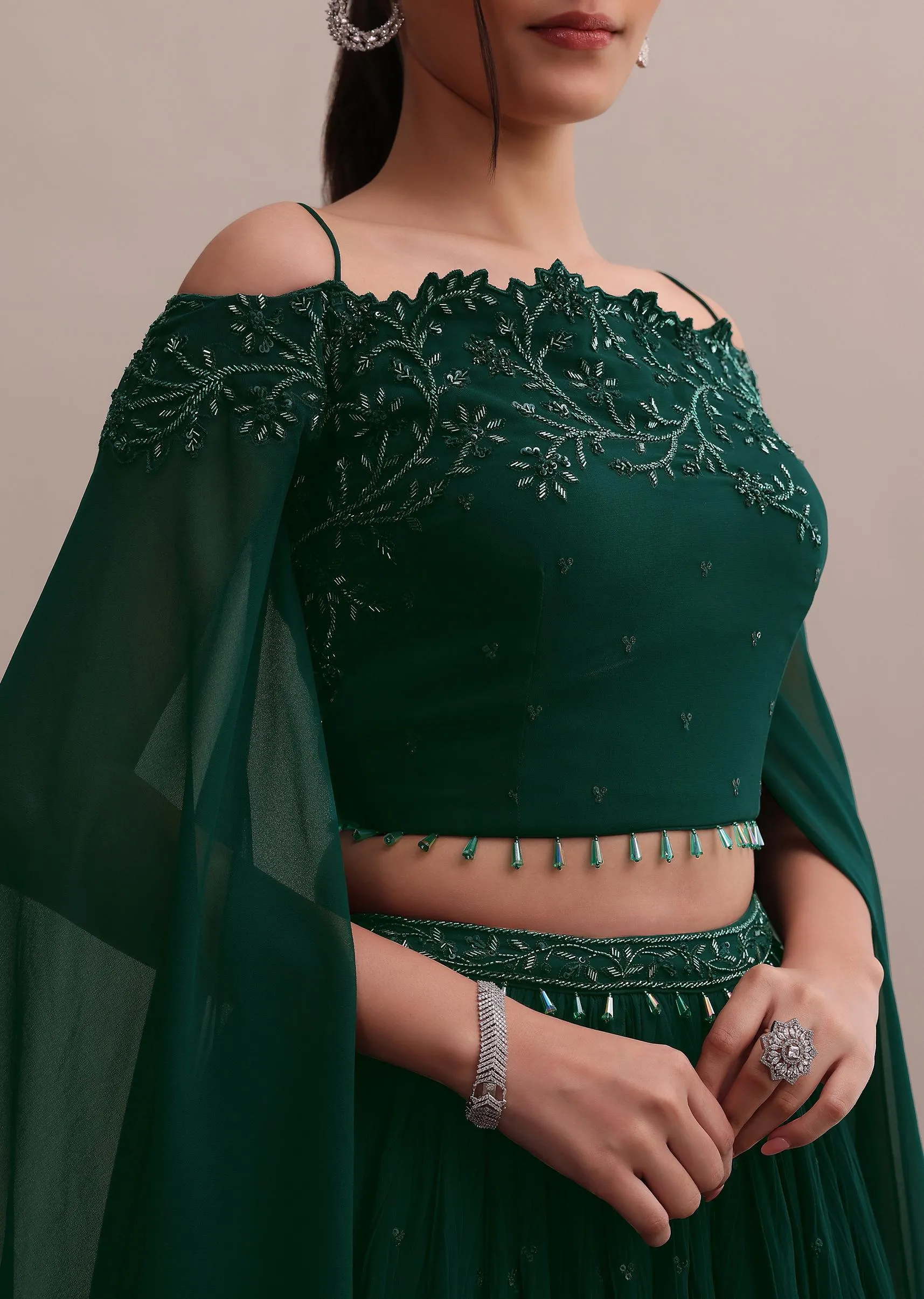 Majestic Dark Green Georgette Embroidered Off-Shoulder Crop Top Lehenga Set