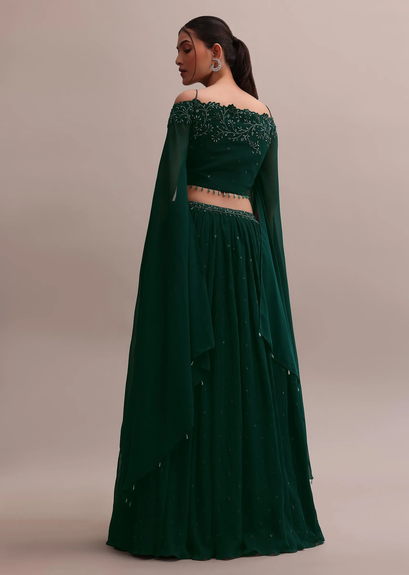 Majestic Dark Green Georgette Embroidered Off-Shoulder Crop Top Lehenga Set