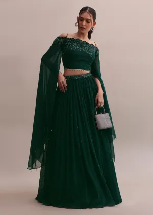 Majestic Dark Green Georgette Embroidered Off-Shoulder Crop Top Lehenga Set