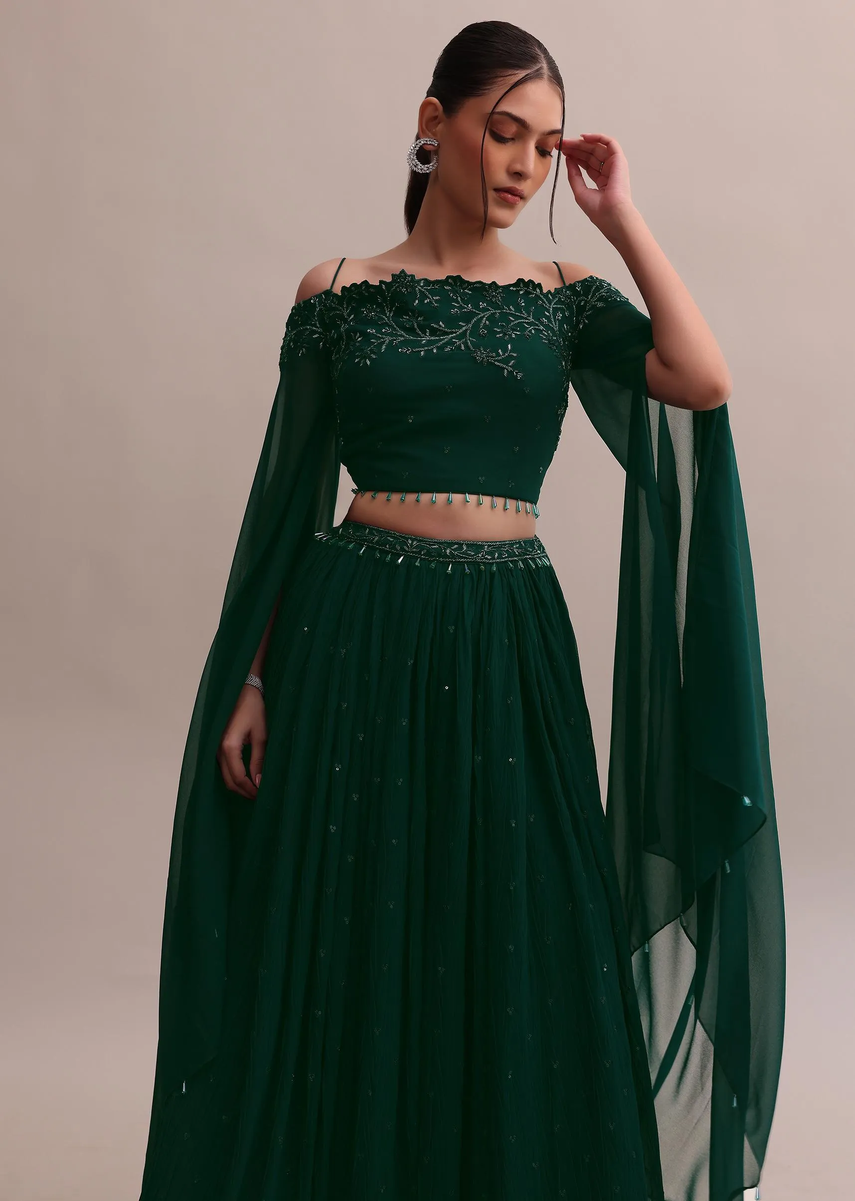 Majestic Dark Green Georgette Embroidered Off-Shoulder Crop Top Lehenga Set
