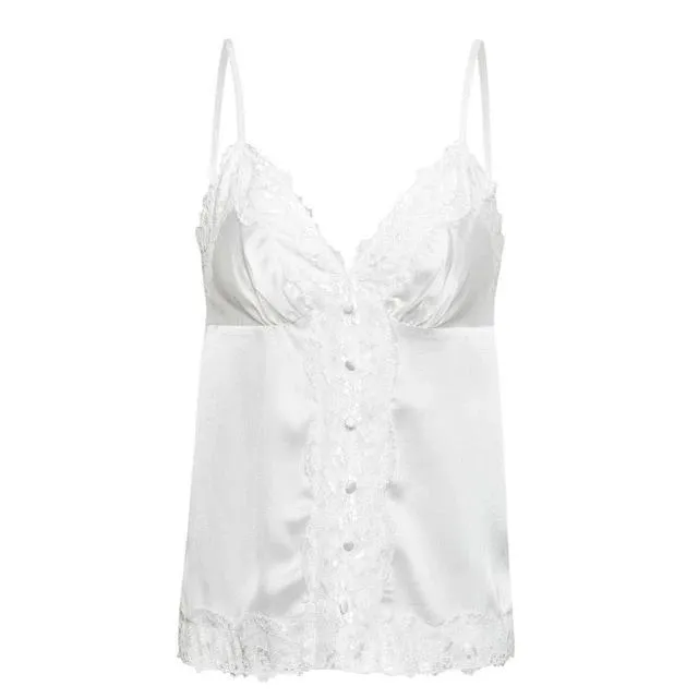Sexy Lace Embroidery Satin Elegant V-neck Button Cami Crop Solid Spaghetti Strap Tank Tops