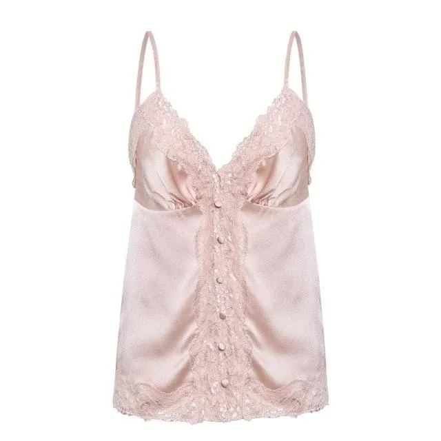 Sexy Lace Embroidery Satin Elegant V-neck Button Cami Crop Solid Spaghetti Strap Tank Tops