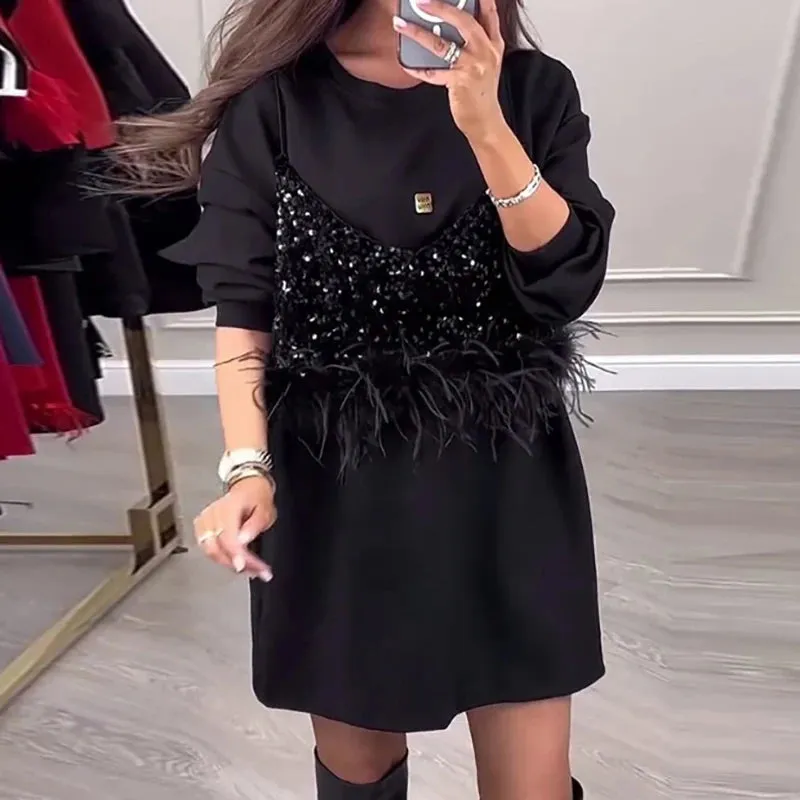 UAKISS  -  Elegant Solid A-line Dress Ladies O Neck Shiny Sequin Patchwork Loose Dress Autumn Vintage Long Sleeved Commuting Pullover Dress