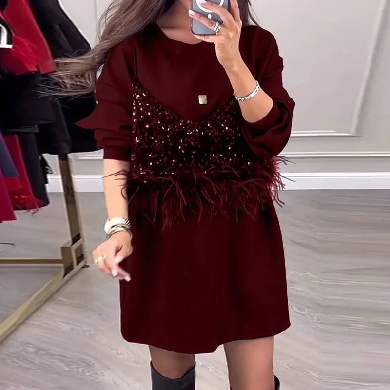 UAKISS  -  Elegant Solid A-line Dress Ladies O Neck Shiny Sequin Patchwork Loose Dress Autumn Vintage Long Sleeved Commuting Pullover Dress