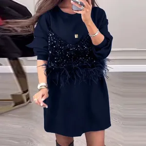 UAKISS  -  Elegant Solid A-line Dress Ladies O Neck Shiny Sequin Patchwork Loose Dress Autumn Vintage Long Sleeved Commuting Pullover Dress
