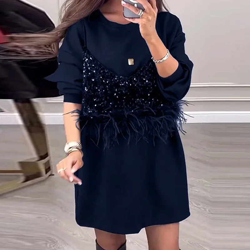 UAKISS  -  Elegant Solid A-line Dress Ladies O Neck Shiny Sequin Patchwork Loose Dress Autumn Vintage Long Sleeved Commuting Pullover Dress