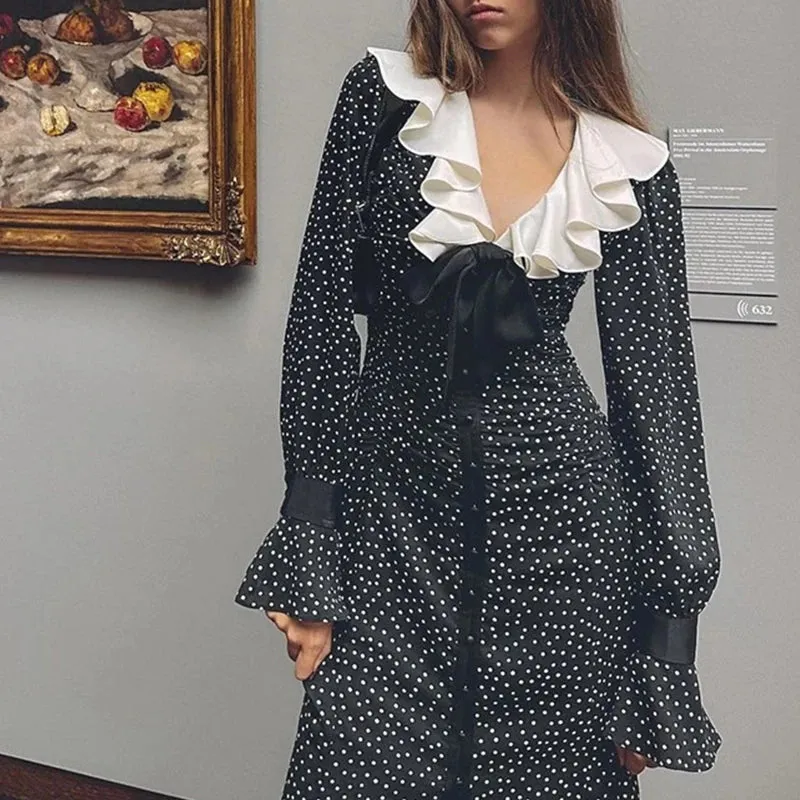 UAKISS  -  Sweet V-neck Ruffle Bowknot Long Dress Women Spring Polka Dot Print Split Party Dress Fall Long Sleeve Button Office Shirt Dress