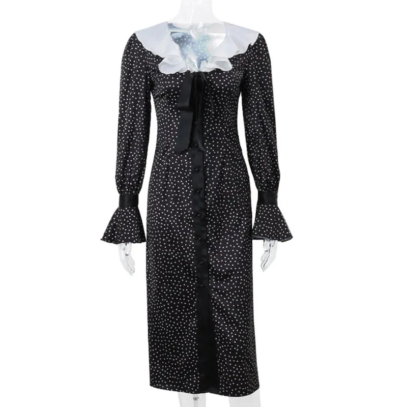 UAKISS  -  Sweet V-neck Ruffle Bowknot Long Dress Women Spring Polka Dot Print Split Party Dress Fall Long Sleeve Button Office Shirt Dress