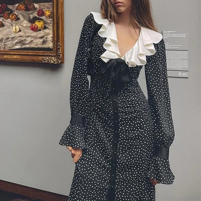 UAKISS  -  Sweet V-neck Ruffle Bowknot Long Dress Women Spring Polka Dot Print Split Party Dress Fall Long Sleeve Button Office Shirt Dress