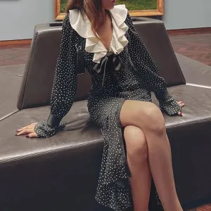 UAKISS  -  Sweet V-neck Ruffle Bowknot Long Dress Women Spring Polka Dot Print Split Party Dress Fall Long Sleeve Button Office Shirt Dress