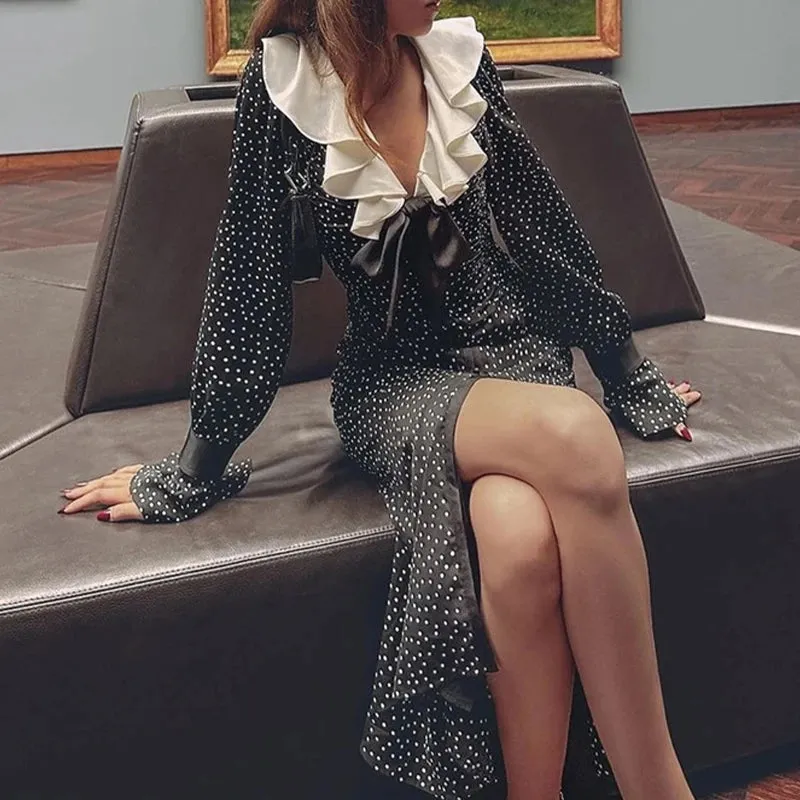 UAKISS  -  Sweet V-neck Ruffle Bowknot Long Dress Women Spring Polka Dot Print Split Party Dress Fall Long Sleeve Button Office Shirt Dress