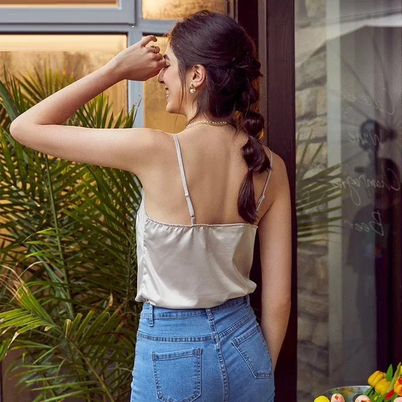 V-neck Sexy Lace Up Loose Basic Sleeveless Camis Elegant Casual Splicing Button Party Tops